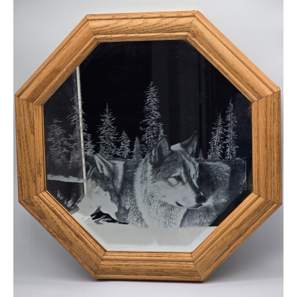 Vintage Octagon Etched Wolf Mirror 12in Brown Rustic Wood Frame Cabin Cottage